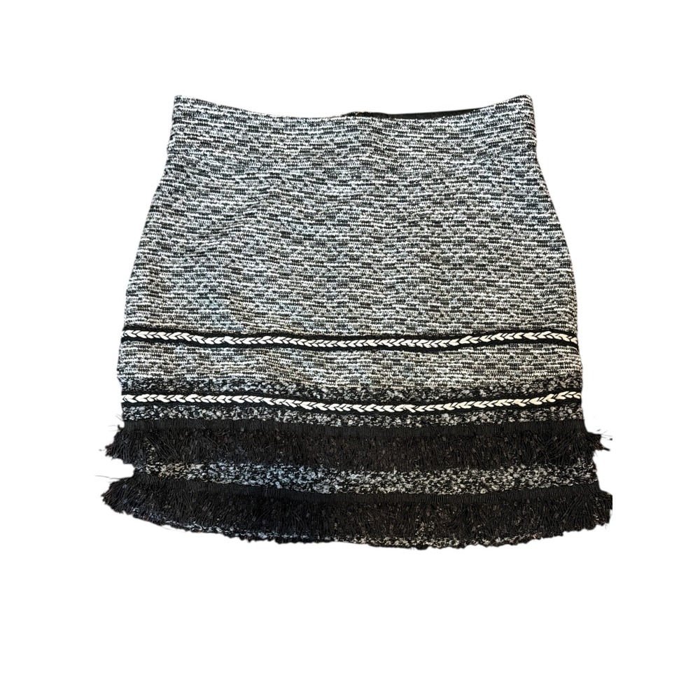 Hayden Los‎ Angeles Black White Tweed Mini Skirt Braided Trim Fringe Hem Small